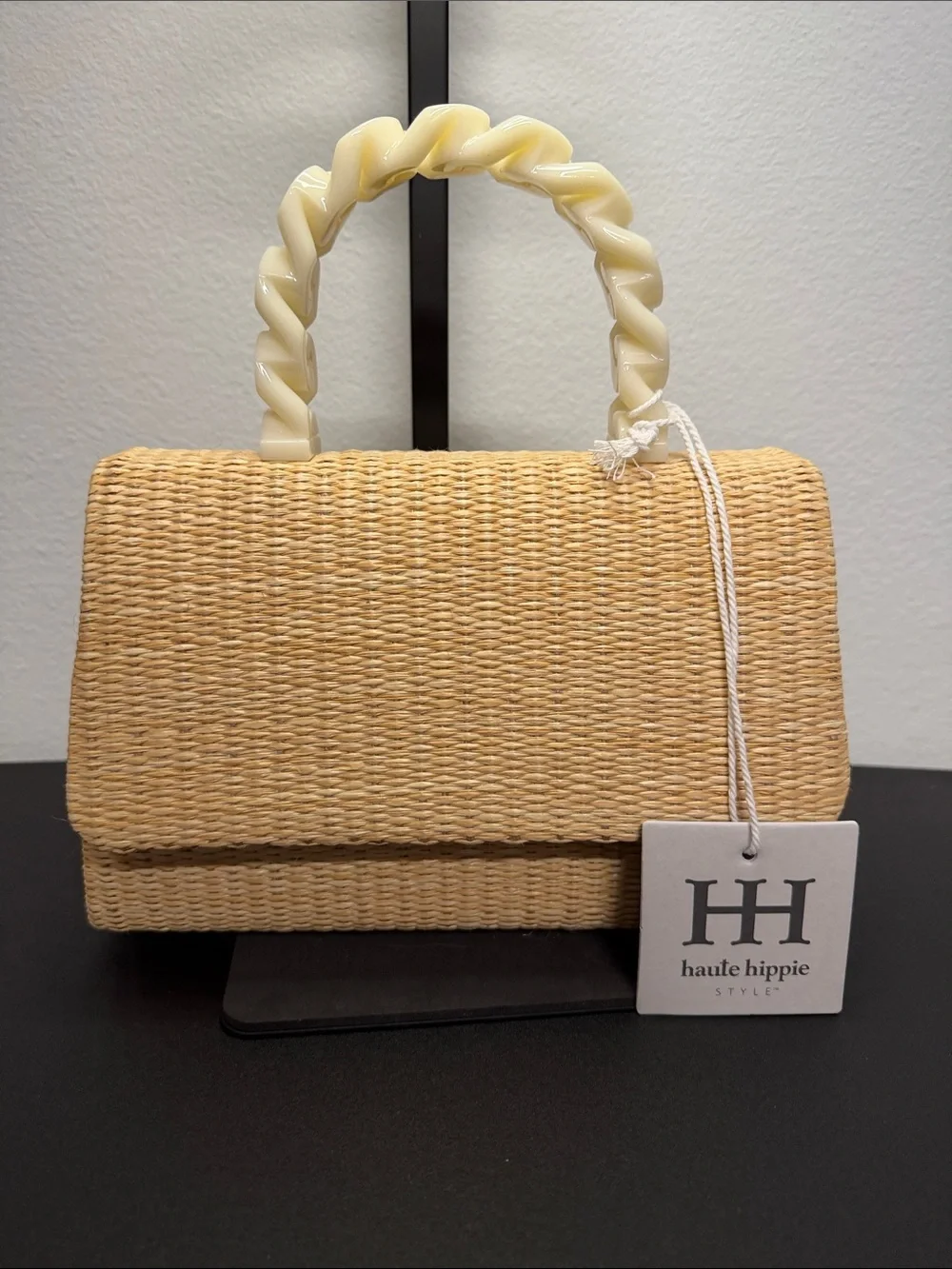 Haute Hippie | Natural Woven Satchel w/ Ivory Twist Handle & Crossbody Chain - Picture 1 of 9